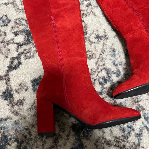DUNE LONDON Selsie Red Suede Tall 70’s Block Heel Boots - Picture 3 of 11